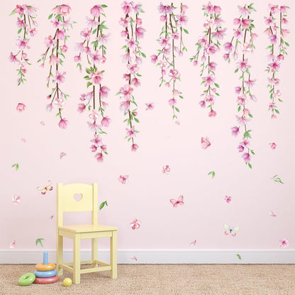 Pink Flower Vine Wall Decals Hanging Floral Wall Stickers Spring Cherry Blossom Peel and Stick Wall Art Decal Removable Vinyl Mural for Girls Bedroom Nursery Living Room