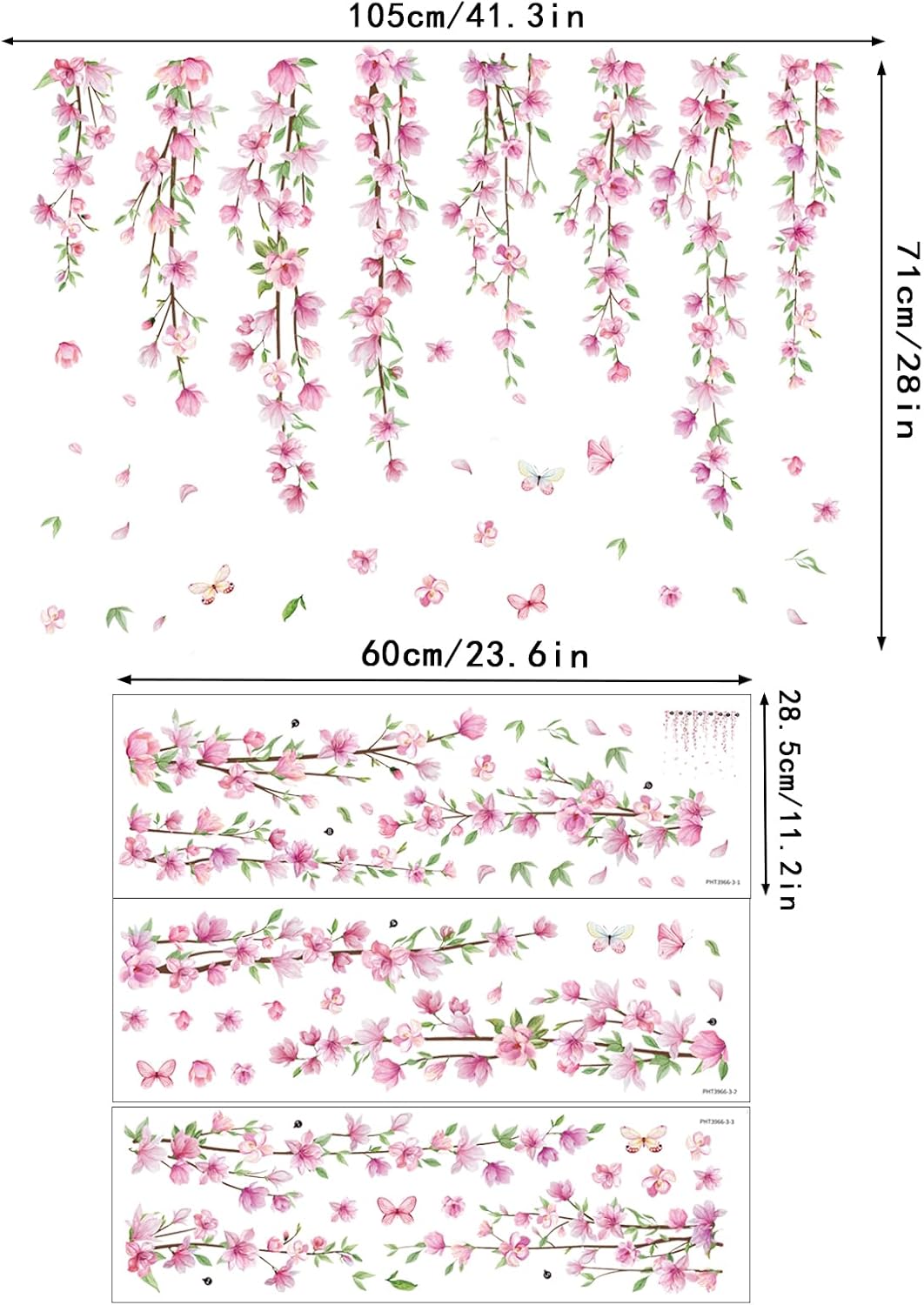 Pink Flower Vine Wall Decals Hanging Floral Wall Stickers Spring Cherry Blossom Peel and Stick Wall Art Decal Removable Vinyl Mural for Girls Bedroom Nursery Living Room
