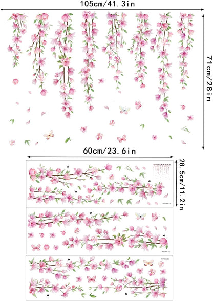 Pink Flower Vine Wall Decals Hanging Floral Wall Stickers Spring Cherry Blossom Peel and Stick Wall Art Decal Removable Vinyl Mural for Girls Bedroom Nursery Living Room