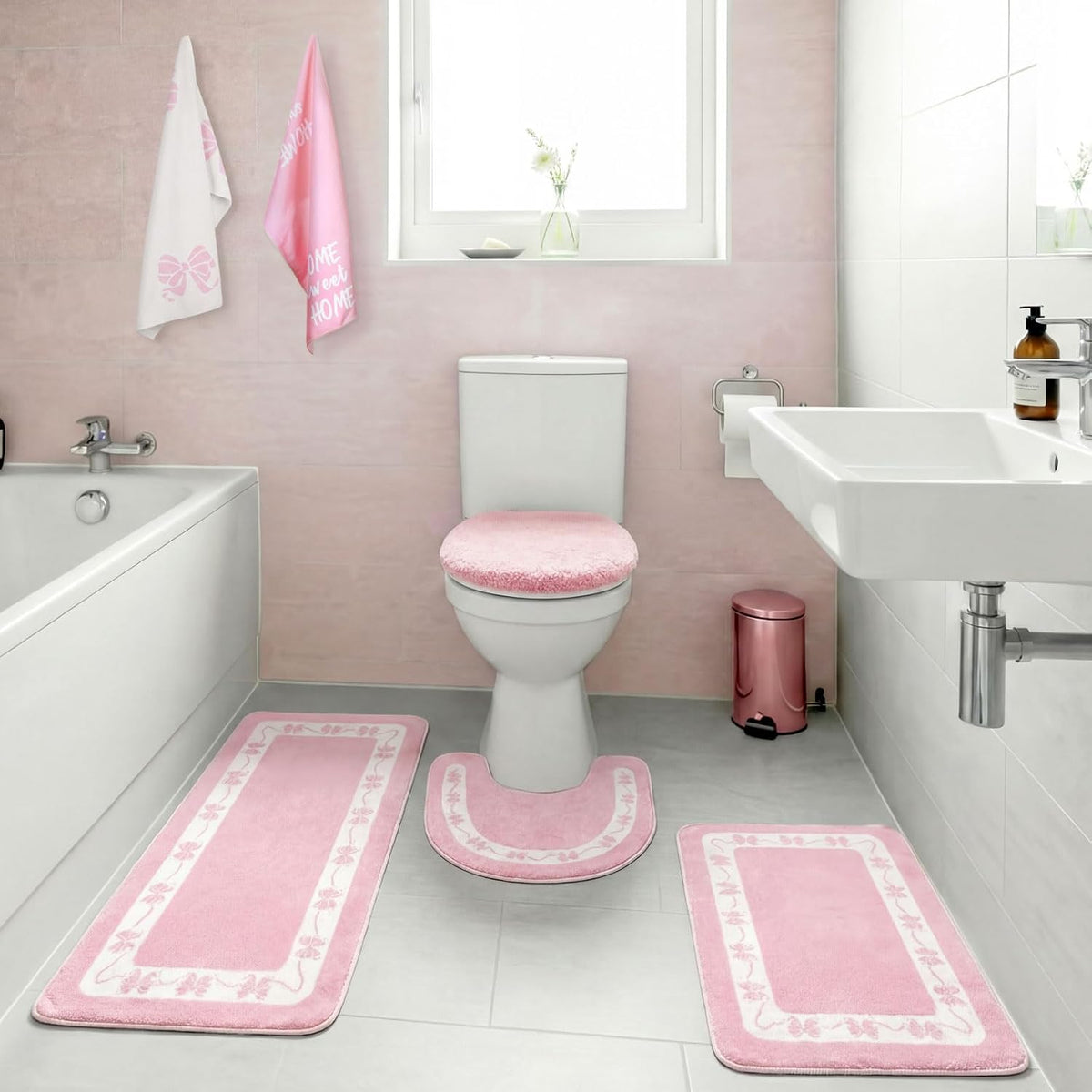 6 Pcs Pink Bathroom Rugs Set