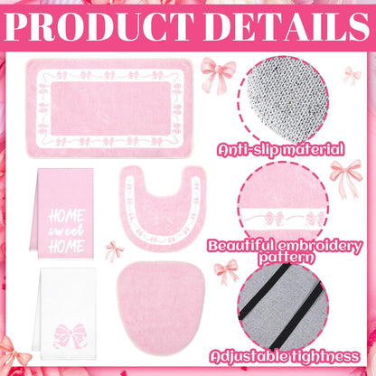 6 Pcs Pink Bathroom Rugs Set