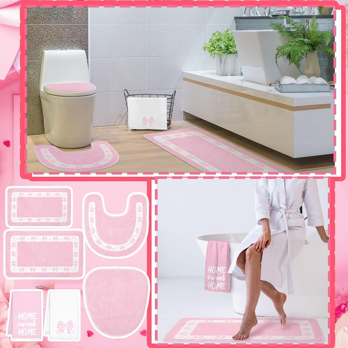 6 Pcs Pink Bathroom Rugs Set