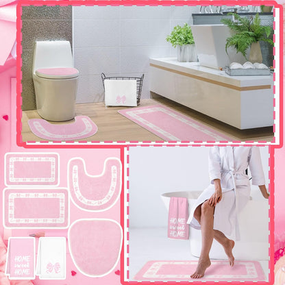 6 Pcs Pink Bathroom Rugs Set
