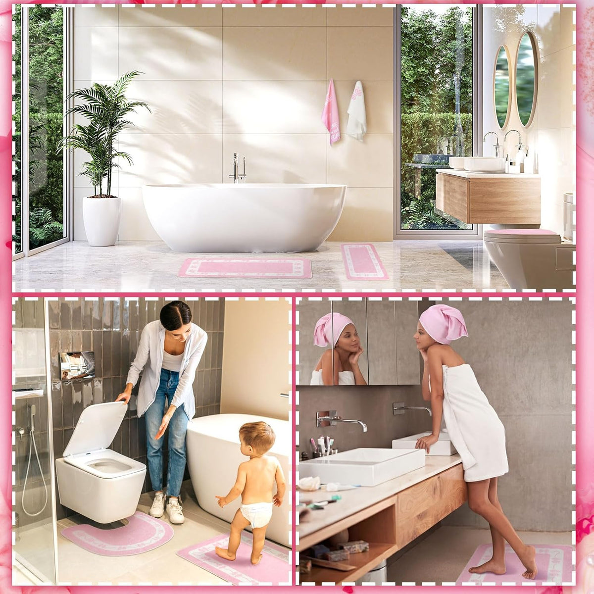 6 Pcs Pink Bathroom Rugs Set