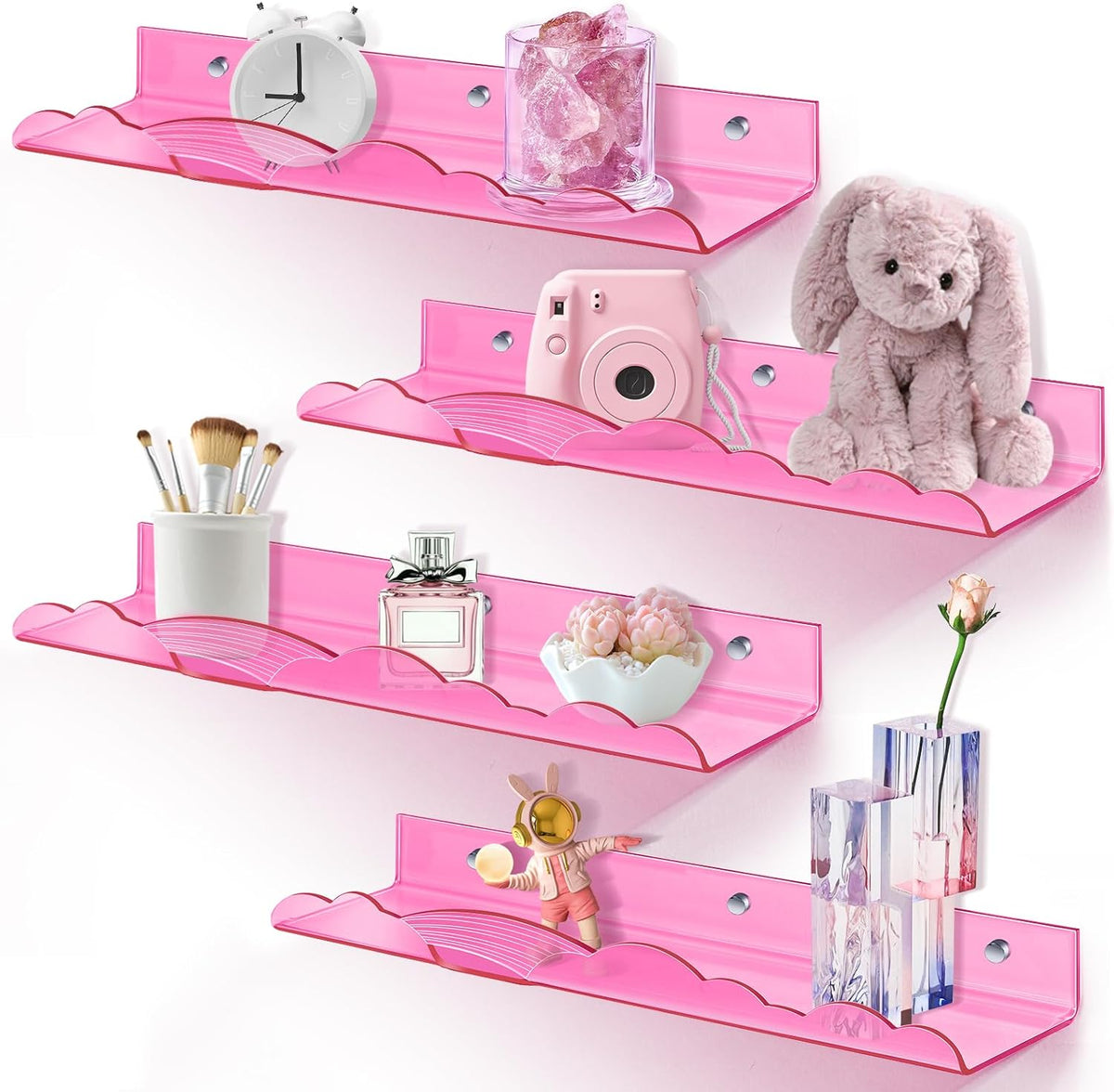 Rainbow Acrylic Floating Shelves, Wall Mounted, 15in, 4 Pack, Pink
