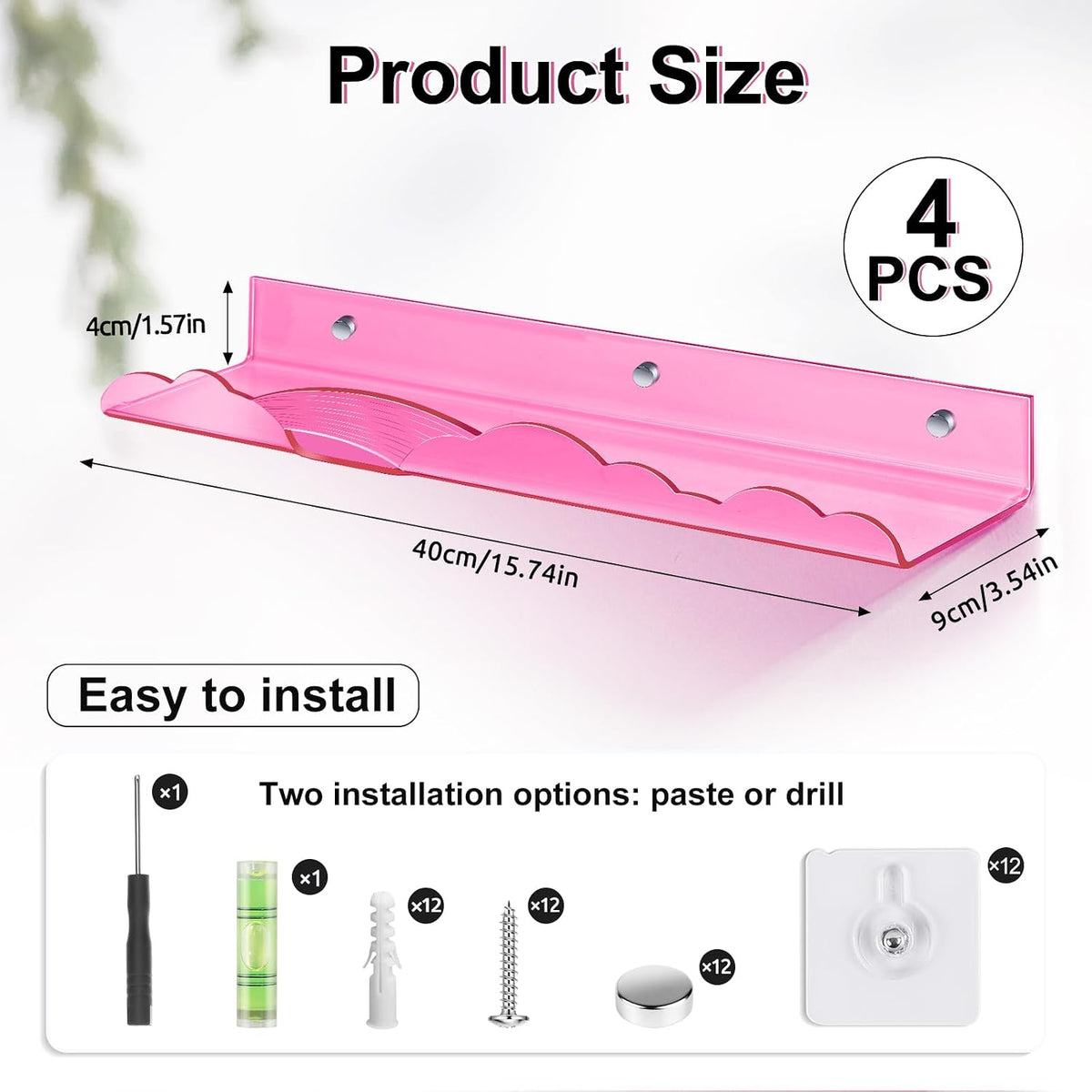 Rainbow Acrylic Floating Shelves, Wall Mounted, 15in, 4 Pack, Pink