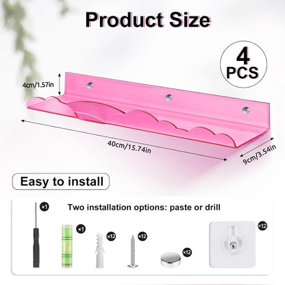 Rainbow Acrylic Floating Shelves, Wall Mounted, 15in, 4 Pack, Pink
