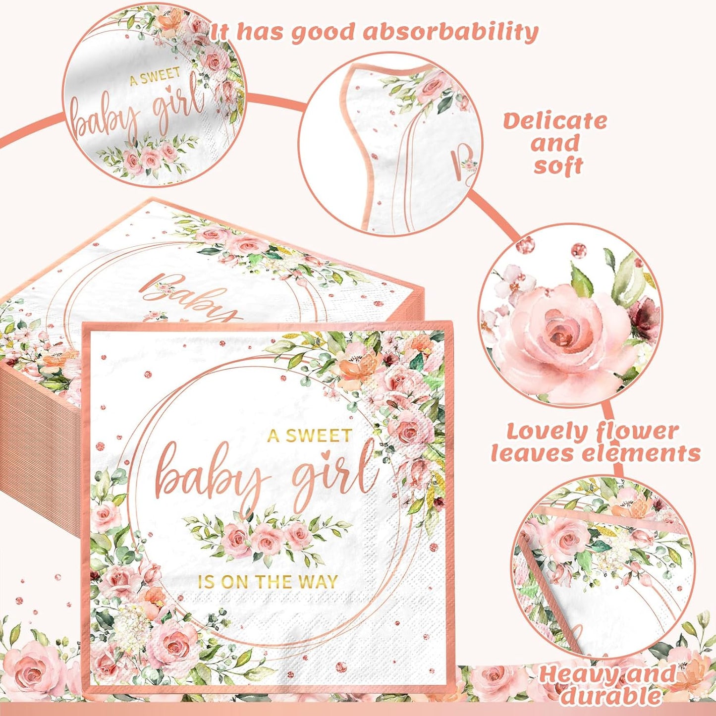 40pcs Sweet Baby Girl Napkins Rose Gold Baby Shower Napkins Disposable Watercolor Pink Floral It's a Girl Paper Napkins for Girls Baby Shower Party Supplies