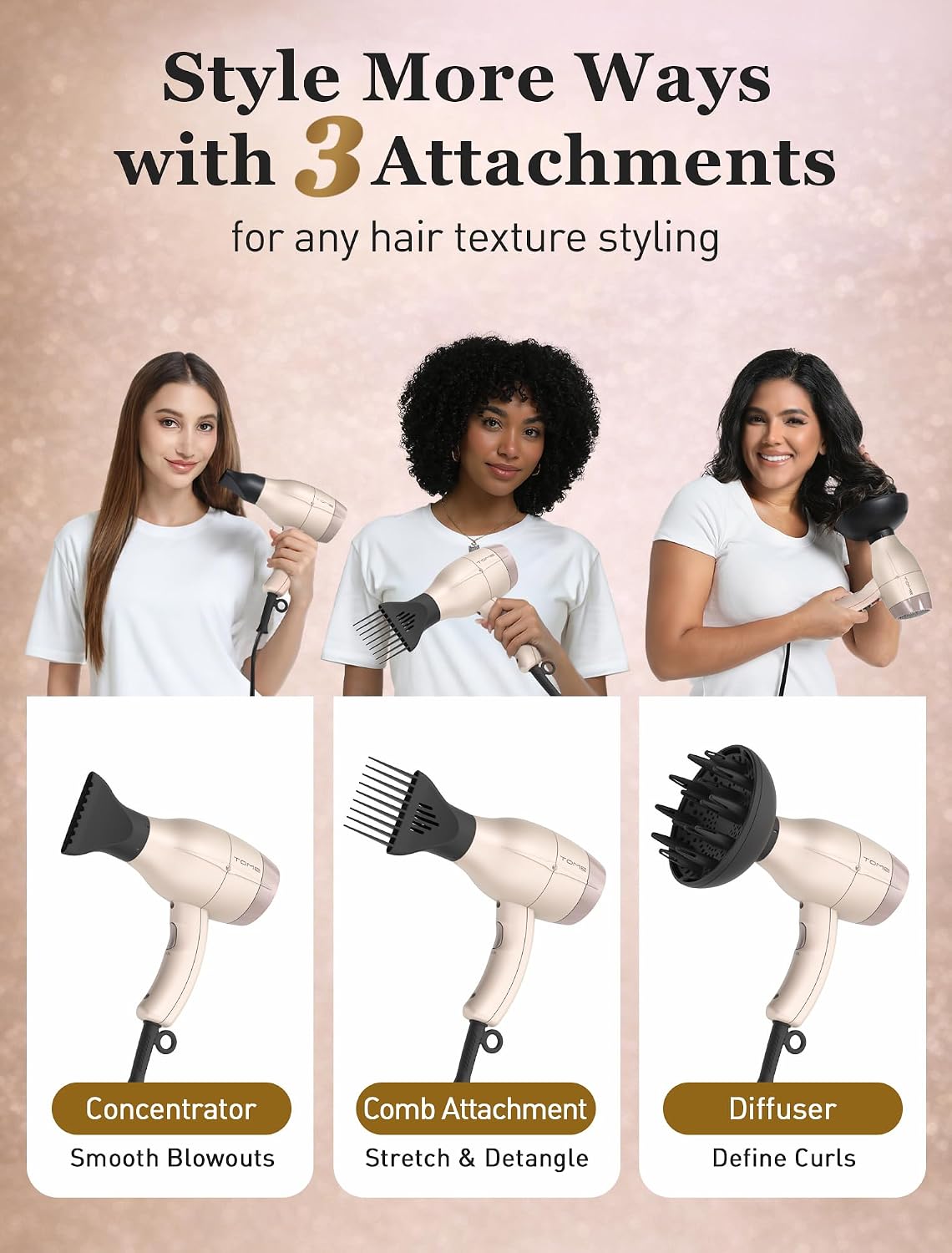 Hair Dryer 1875W Diffuser Set, Ionic, 3 Attachments, 125V Home