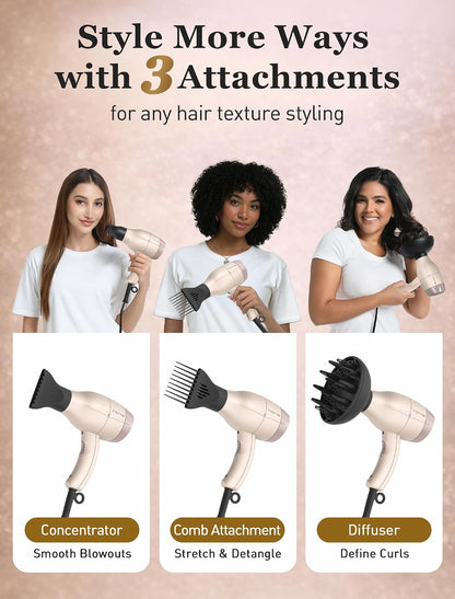 Hair Dryer 1875W Diffuser Set, Ionic, 3 Attachments, 125V Home