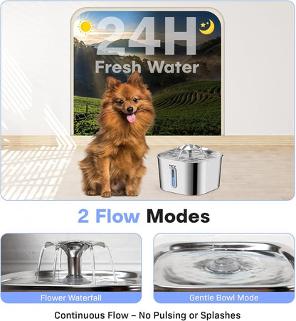 Stainless Steel Cat Water Fountain – 2.2L/74oz Ultra-Quiet Pump, Visible Water Level, Dual Flow Modes – Automatic Pet Water Dispenser for Cats & Small Dogs