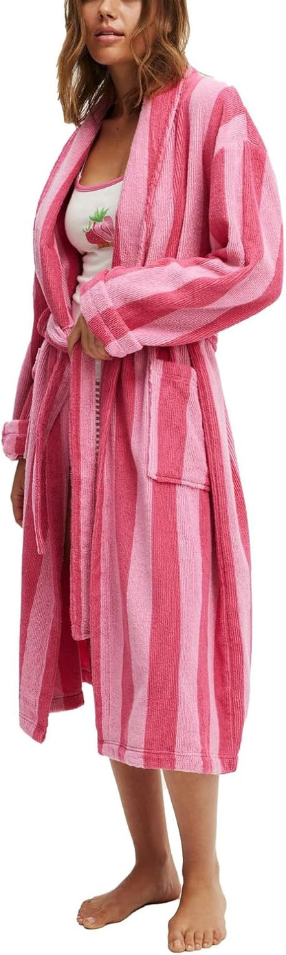 Women Fluffy Robe Soft Shawl Collar Striped Plush Bathrobe Cute Lightweight Fuzzy Warm Gown with Pocket