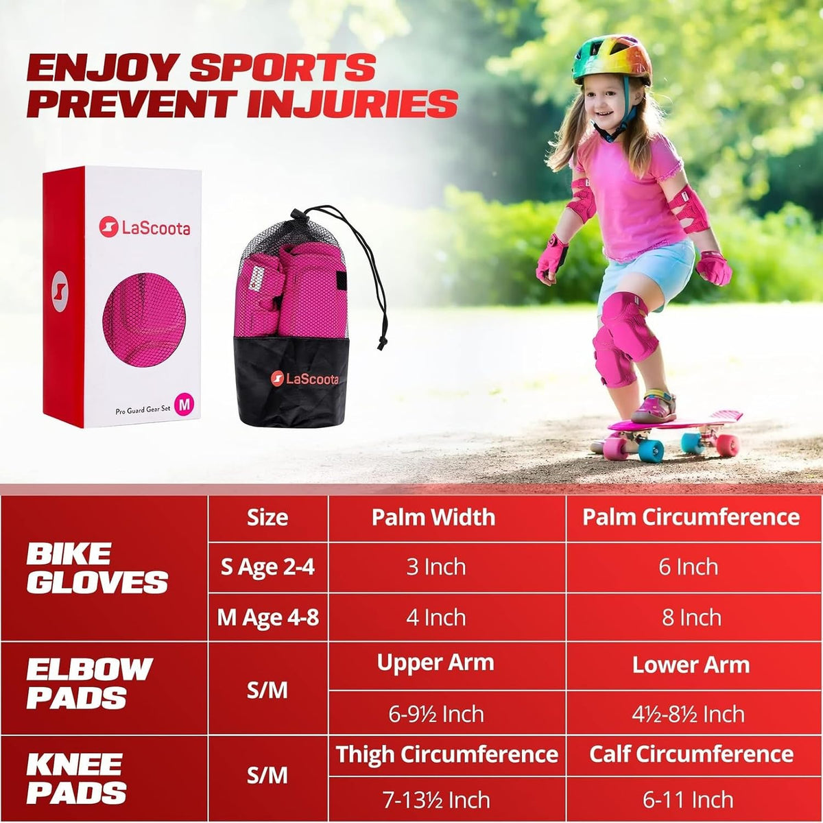 Kids Roller Skate Protective Gear Set - 7-Piece, Medium, Pink - Knee Pads, Elbow Pads & Gloves for Roller Skating - Kid Scooter Riding & Skateboarding