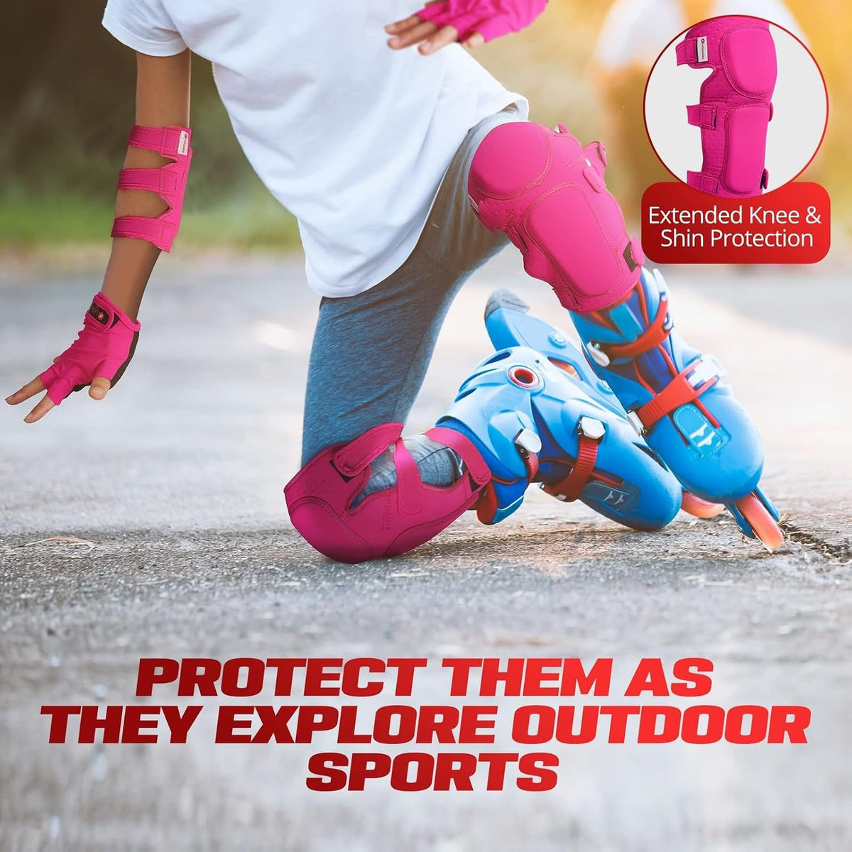 Kids Roller Skate Protective Gear Set - 7-Piece, Medium, Pink - Knee Pads, Elbow Pads & Gloves for Roller Skating - Kid Scooter Riding & Skateboarding