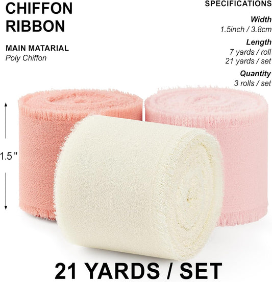Chiffon Ribbon Blush Pink/Peach/Cream, 1.5" x 21 Yd | Handmade Fringe, Silk Ribbon, For Gift Wrapping, Wedding Invitation, Bridal Flower Bouquet, DIY Crafts, Home Decor