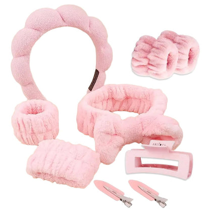 7 Pcs Spa Set, Facial Headband and Wristband Set, Skincare Accessories, College Style Girl Gift, Hair Accessories for Women and Girls (Pink, One size)
