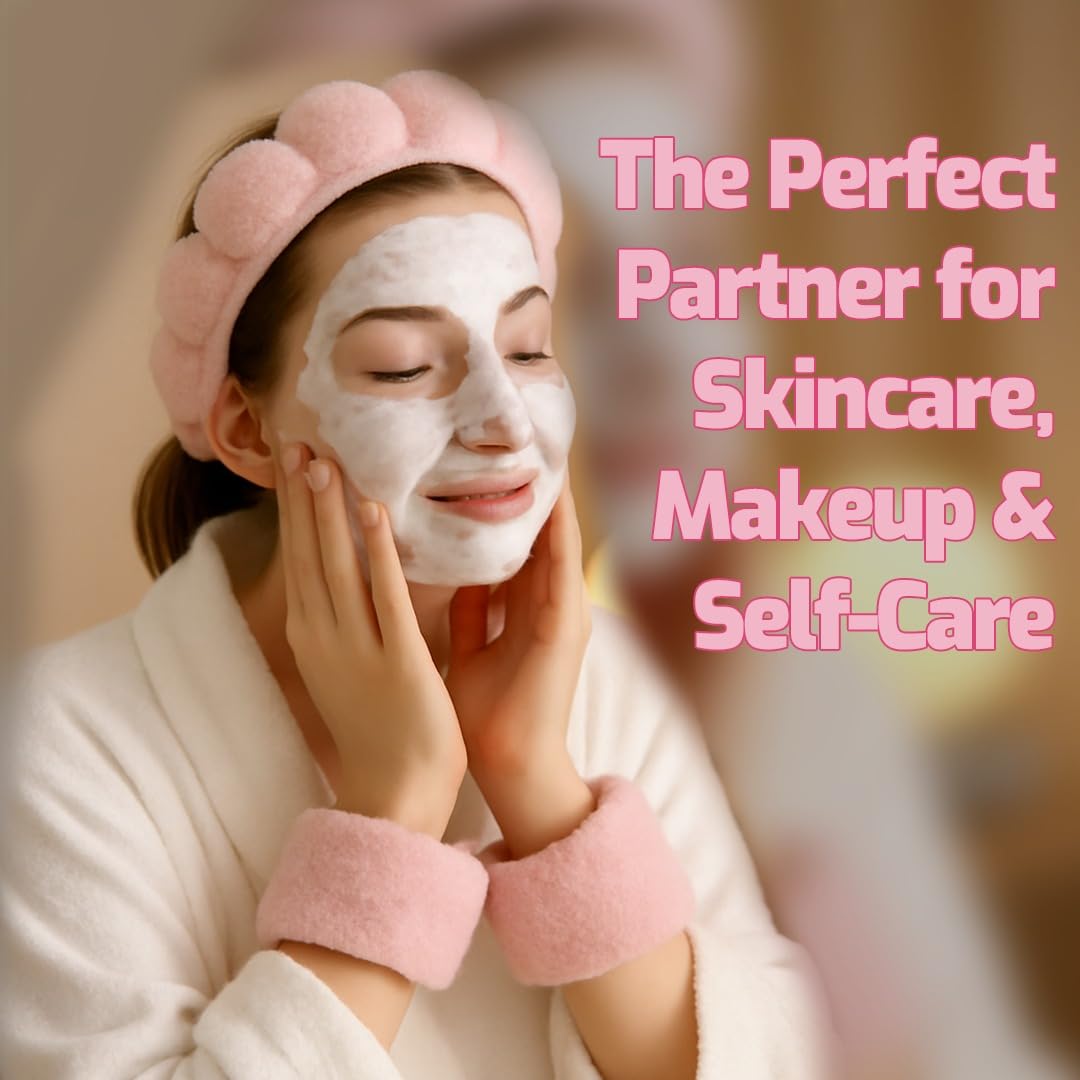 7 Pcs Spa Set, Facial Headband and Wristband Set, Skincare Accessories, College Style Girl Gift, Hair Accessories for Women and Girls (Pink, One size)