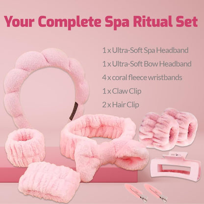 7 Pcs Spa Set, Facial Headband and Wristband Set, Skincare Accessories, College Style Girl Gift, Hair Accessories for Women and Girls (Pink, One size)