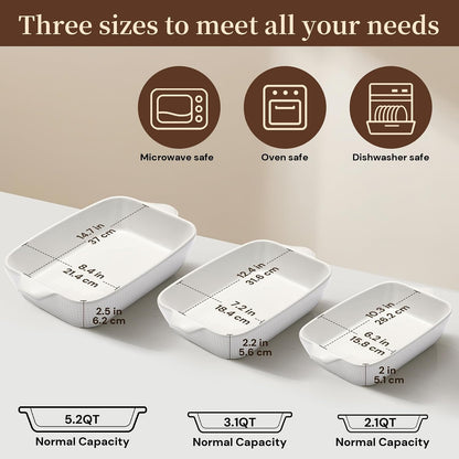 Ceramic Casserole Dishes Set of 3, Stoneware Baking Pans for Oven, Rectangular Lasagna Dish & Bakeware Set (14.7''/12.4''/10.3'')