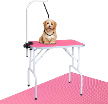 Pet Dog Grooming Table Foldable Grooming Table Heavy Duty Iron Frame with Arm & Noose for Dog Cat Pet Grooming (32'', Pink)