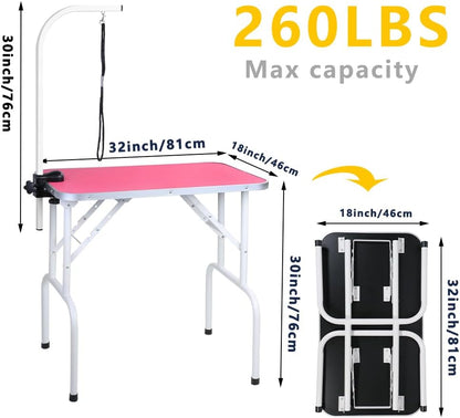 Pet Dog Grooming Table Foldable Grooming Table Heavy Duty Iron Frame with Arm & Noose for Dog Cat Pet Grooming (32'', Pink)