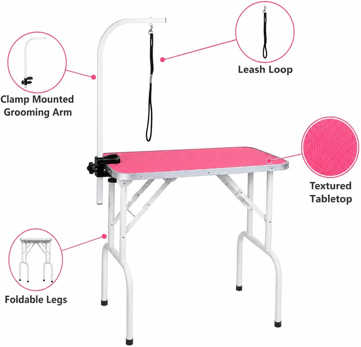Pet Dog Grooming Table Foldable Grooming Table Heavy Duty Iron Frame with Arm & Noose for Dog Cat Pet Grooming (32'', Pink)
