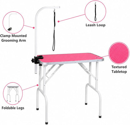 Pet Dog Grooming Table Foldable Grooming Table Heavy Duty Iron Frame with Arm & Noose for Dog Cat Pet Grooming (32'', Pink)