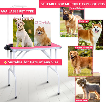 Pet Dog Grooming Table Foldable Grooming Table Heavy Duty Iron Frame with Arm & Noose for Dog Cat Pet Grooming (32'', Pink)