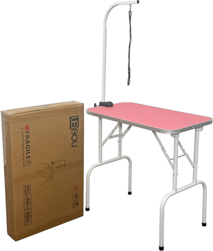 Pet Dog Grooming Table Foldable Grooming Table Heavy Duty Iron Frame with Arm & Noose for Dog Cat Pet Grooming (32'', Pink)