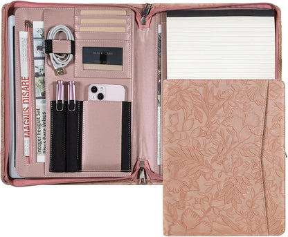 Zippered Leather Padfolio Portfolio with Hidden Handle and Clipboard, Business Conference Organizer Notepad Folder, Portfolio Bag, Padfolio for Women/Men (Pink)