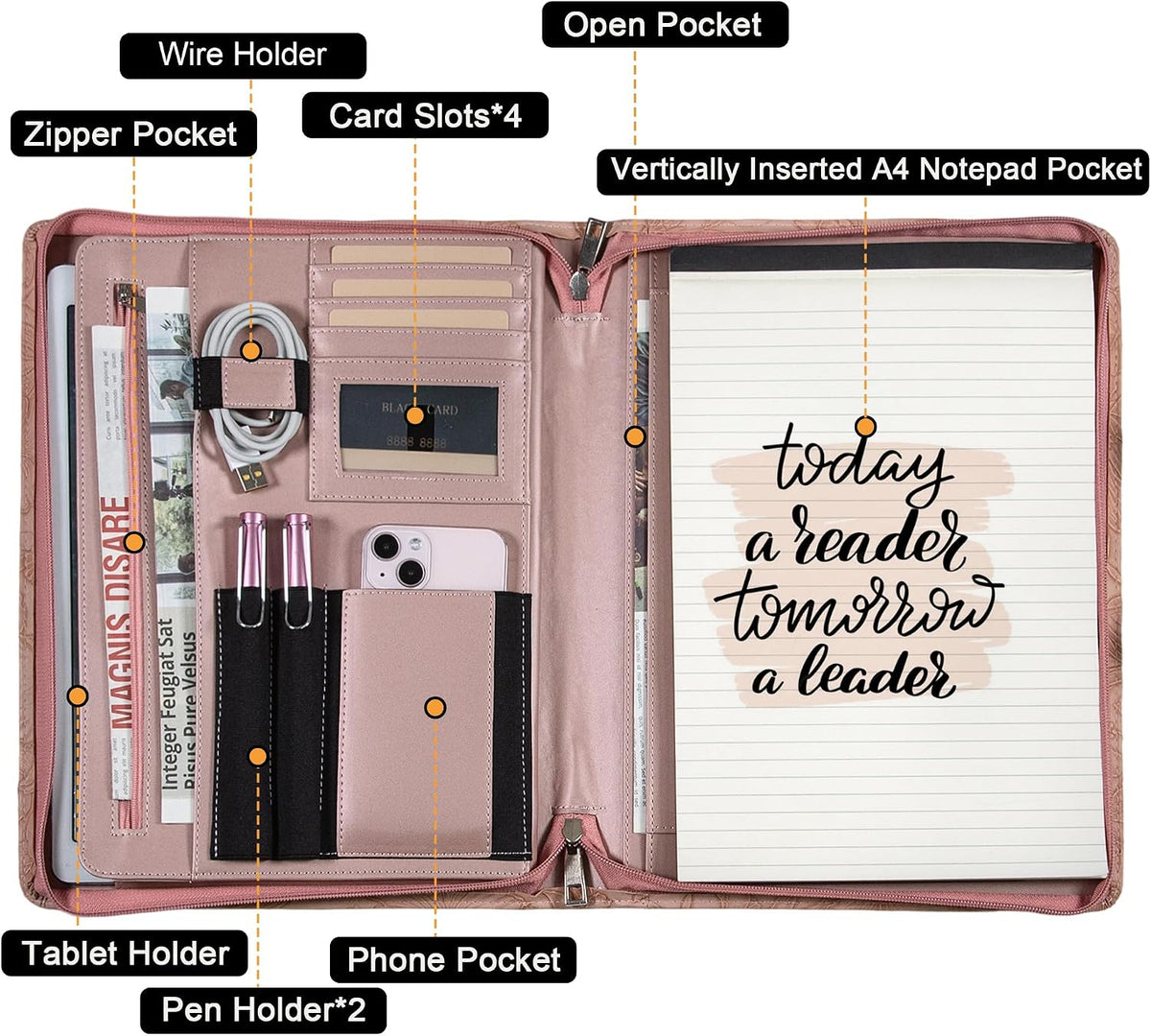 Zippered Leather Padfolio Portfolio with Hidden Handle and Clipboard, Business Conference Organizer Notepad Folder, Portfolio Bag, Padfolio for Women/Men (Pink)