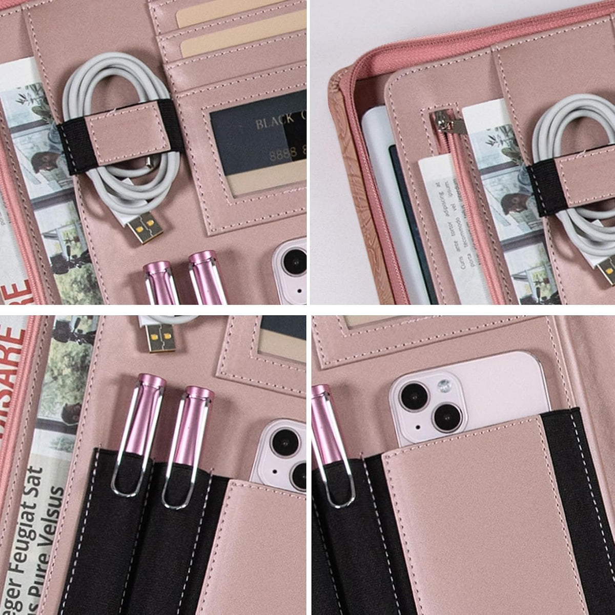 Zippered Leather Padfolio Portfolio with Hidden Handle and Clipboard, Business Conference Organizer Notepad Folder, Portfolio Bag, Padfolio for Women/Men (Pink)