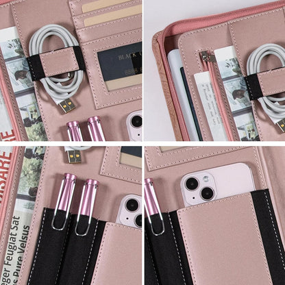 Zippered Leather Padfolio Portfolio with Hidden Handle and Clipboard, Business Conference Organizer Notepad Folder, Portfolio Bag, Padfolio for Women/Men (Pink)