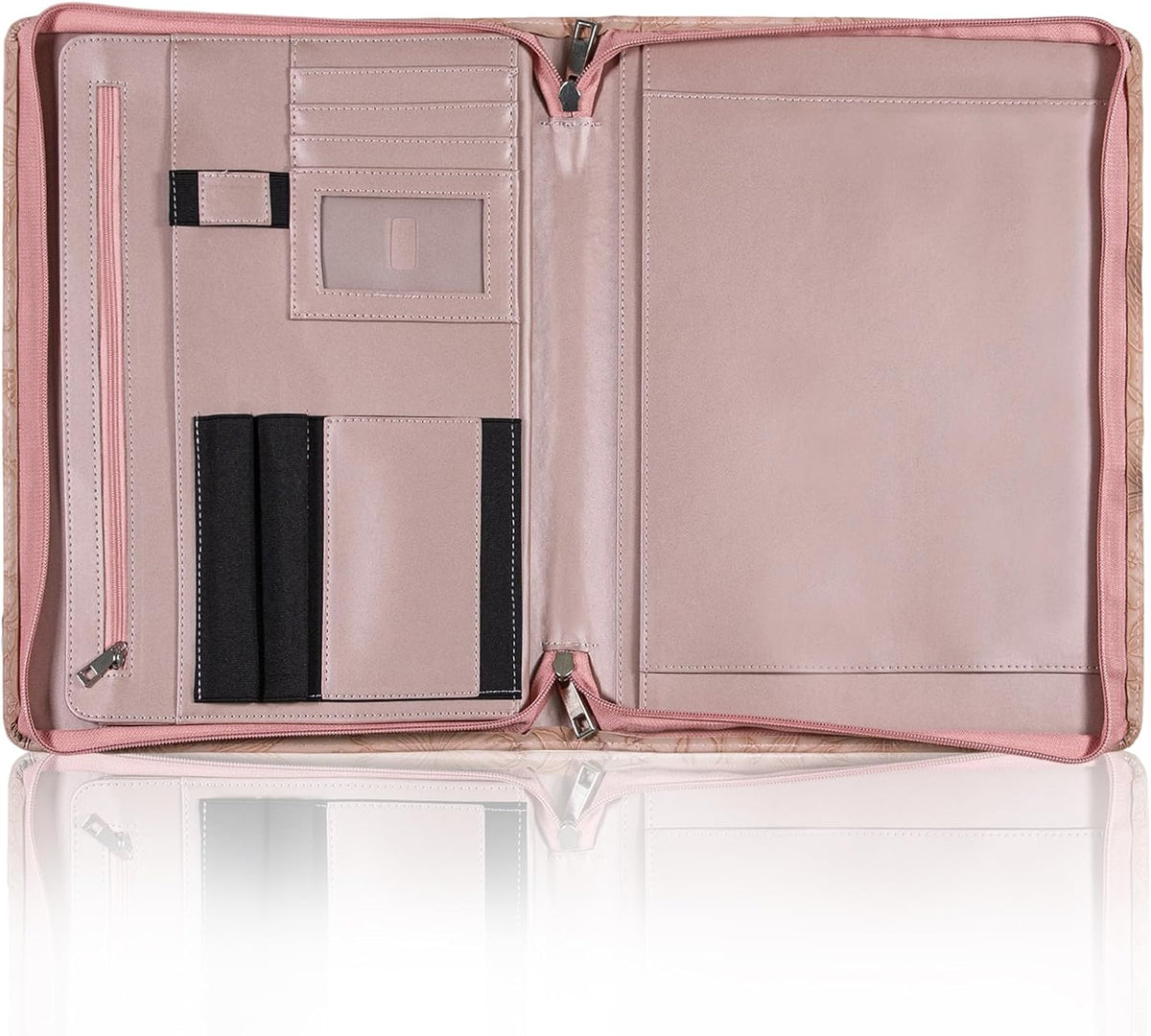 Zippered Leather Padfolio Portfolio with Hidden Handle and Clipboard, Business Conference Organizer Notepad Folder, Portfolio Bag, Padfolio for Women/Men (Pink)