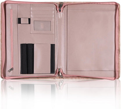 Zippered Leather Padfolio Portfolio with Hidden Handle and Clipboard, Business Conference Organizer Notepad Folder, Portfolio Bag, Padfolio for Women/Men (Pink)