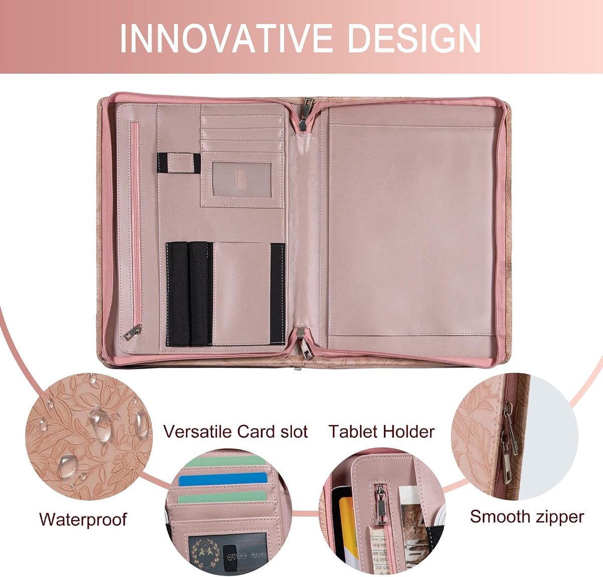 Zippered Leather Padfolio Portfolio with Hidden Handle and Clipboard, Business Conference Organizer Notepad Folder, Portfolio Bag, Padfolio for Women/Men (Pink)