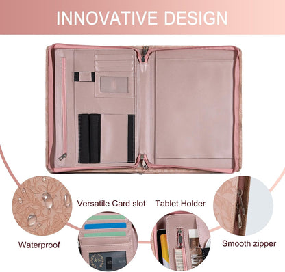 Zippered Leather Padfolio Portfolio with Hidden Handle and Clipboard, Business Conference Organizer Notepad Folder, Portfolio Bag, Padfolio for Women/Men (Pink)