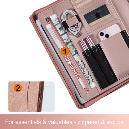 Zippered Leather Padfolio Portfolio with Hidden Handle and Clipboard, Business Conference Organizer Notepad Folder, Portfolio Bag, Padfolio for Women/Men (Pink)