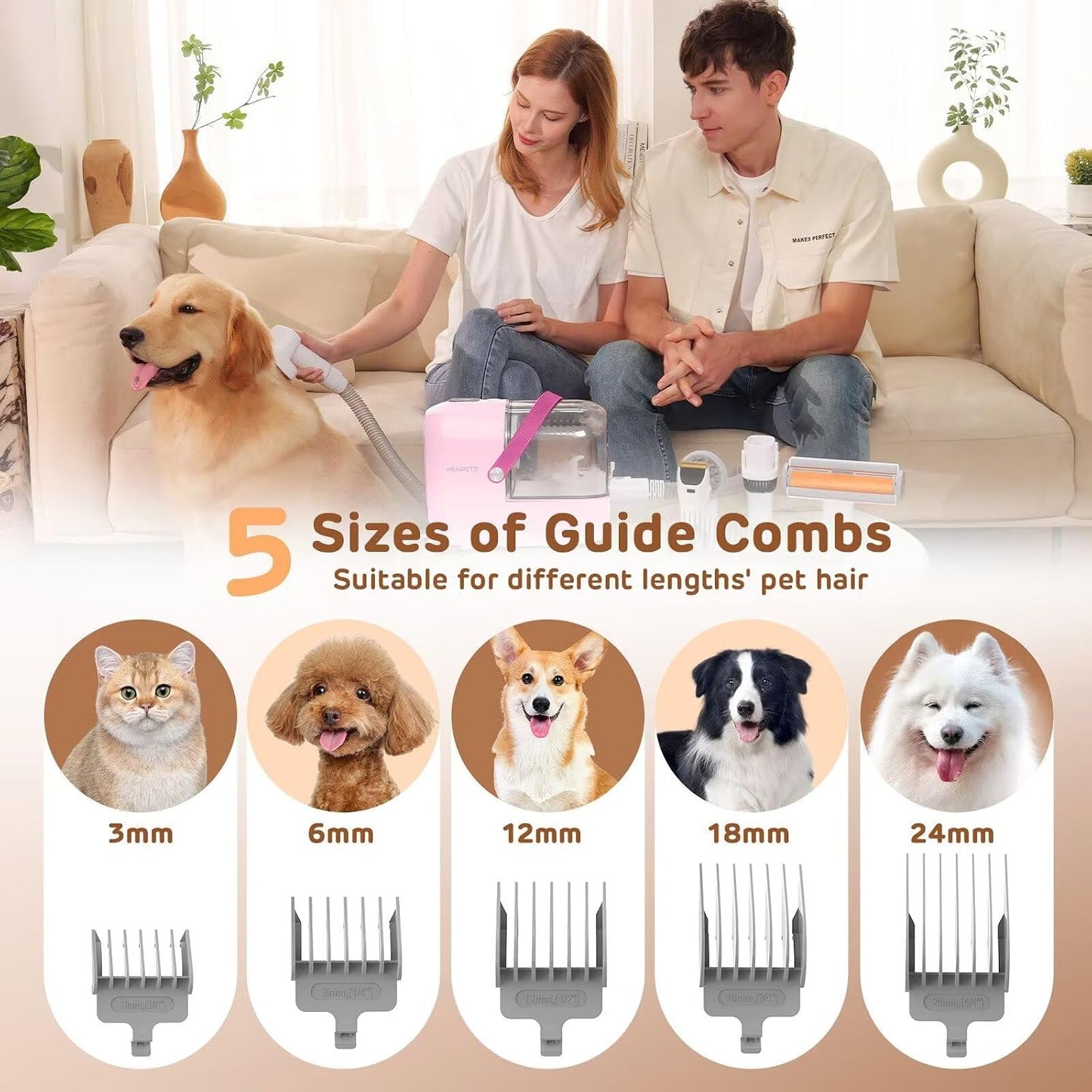 Dog Grooming Vacuum Kit - 3L Vacuum with 7 Tools, Low Noise Electric Clipper and Brush for Pet Shedding at Home, Pink