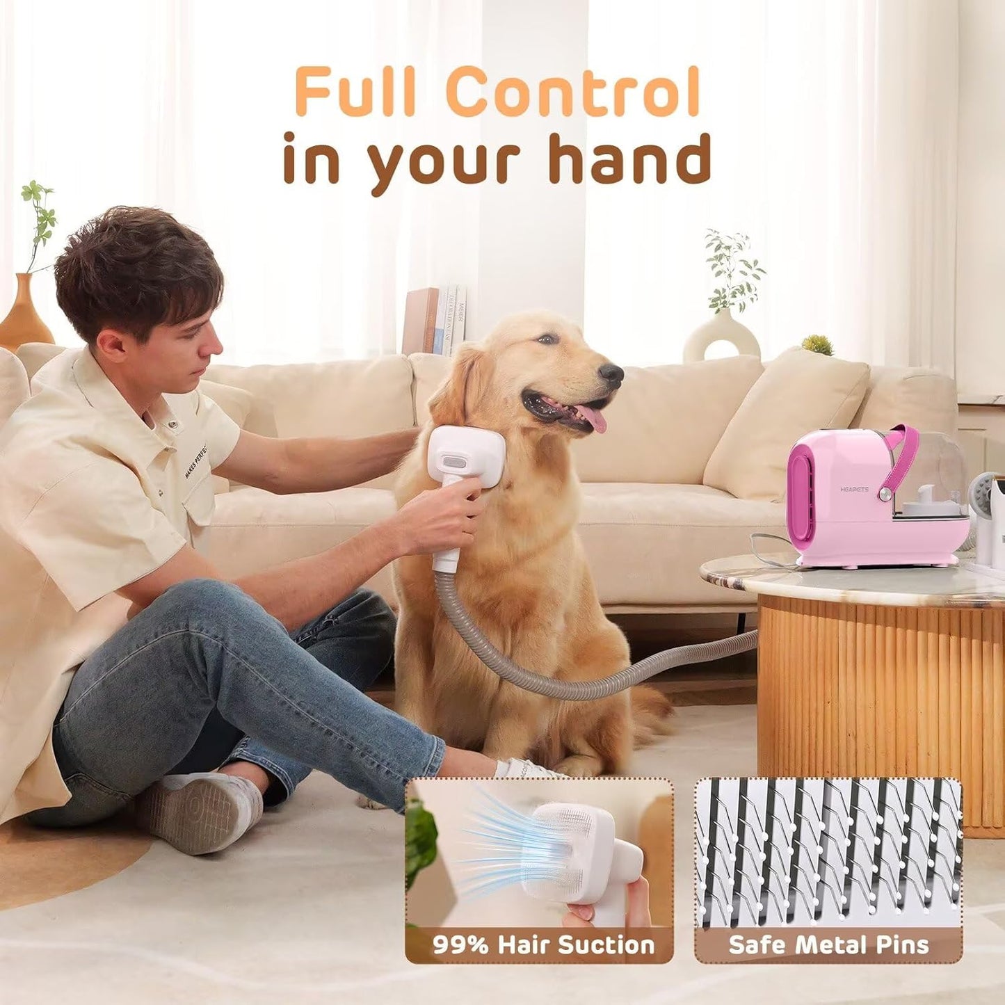 Dog Grooming Vacuum Kit - 3L Vacuum with 7 Tools, Low Noise Electric Clipper and Brush for Pet Shedding at Home, Pink