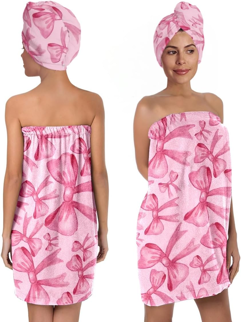 Pink Bow Bath Wrap with Hair Drying Cap – Soft Microfiber Quick Dry Shower Towel Skirt Set for Women, Teens, Girls, Spa, Gym, Pool, and Travel (Bow 5)
