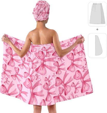 Pink Bow Bath Wrap with Hair Drying Cap – Soft Microfiber Quick Dry Shower Towel Skirt Set for Women, Teens, Girls, Spa, Gym, Pool, and Travel (Bow 5)