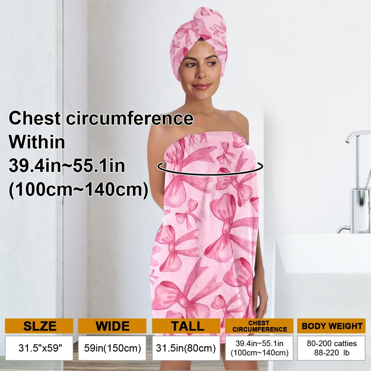 Pink Bow Bath Wrap with Hair Drying Cap – Soft Microfiber Quick Dry Shower Towel Skirt Set for Women, Teens, Girls, Spa, Gym, Pool, and Travel (Bow 5)