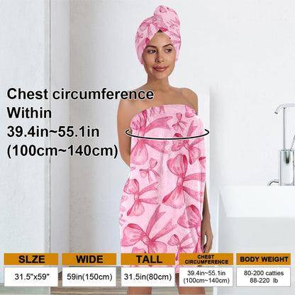 Pink Bow Bath Wrap with Hair Drying Cap – Soft Microfiber Quick Dry Shower Towel Skirt Set for Women, Teens, Girls, Spa, Gym, Pool, and Travel (Bow 5)