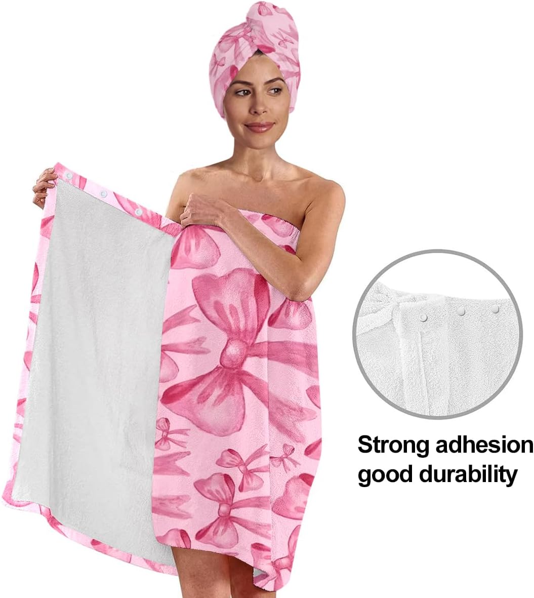 Pink Bow Bath Wrap with Hair Drying Cap – Soft Microfiber Quick Dry Shower Towel Skirt Set for Women, Teens, Girls, Spa, Gym, Pool, and Travel (Bow 5)
