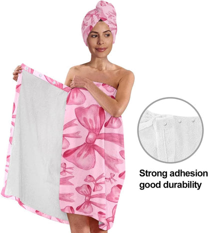 Pink Bow Bath Wrap with Hair Drying Cap – Soft Microfiber Quick Dry Shower Towel Skirt Set for Women, Teens, Girls, Spa, Gym, Pool, and Travel (Bow 5)
