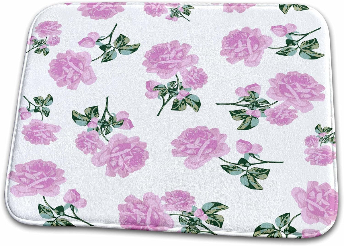 Dish Drying Mat - Shabby Chic Light Pink Roses Vintage Floral Pattern on White Flower Patterns