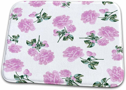 Dish Drying Mat - Shabby Chic Light Pink Roses Vintage Floral Pattern on White Flower Patterns