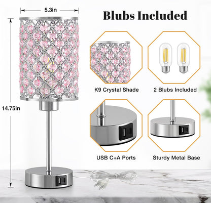 GyroVu Pink Crystal Bedside Table Lamps Set of 2 with USB C+A Ports