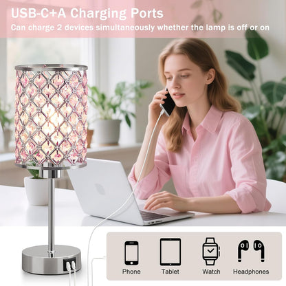 GyroVu Pink Crystal Bedside Table Lamps Set of 2 with USB C+A Ports